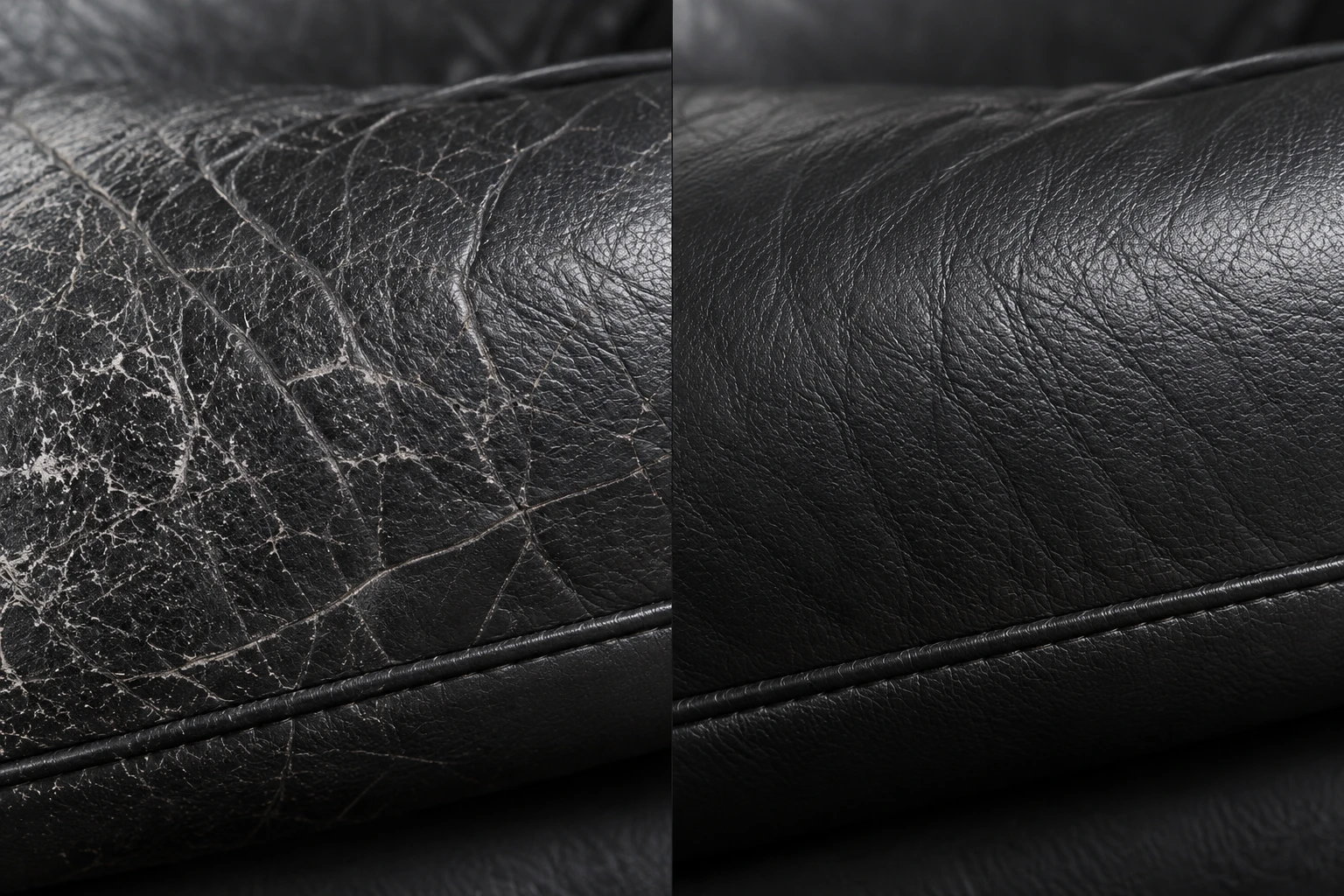 Black leather seat cushion crazed along the wear line, before and after crack repair