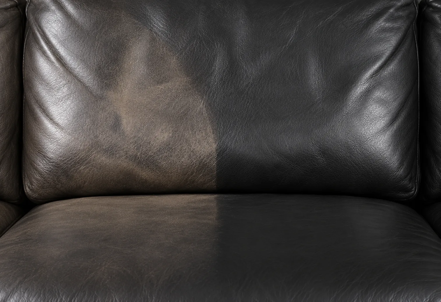 Faded black leather cushion before and after recolouring