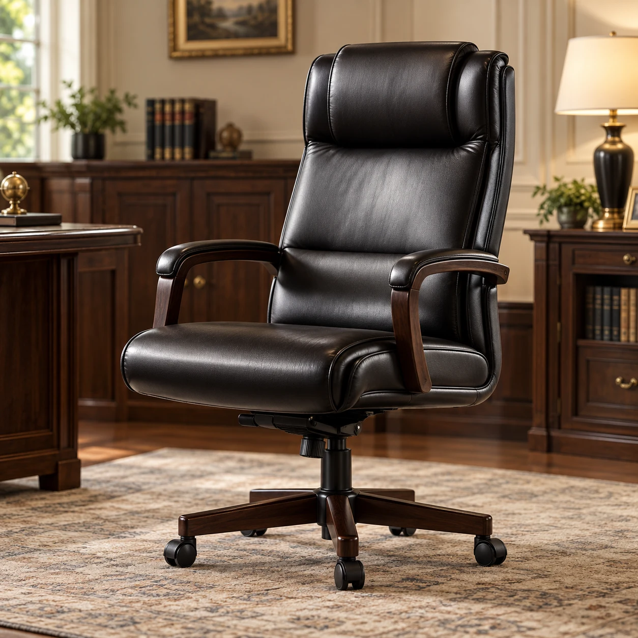 Black leather desk chair with wood arms