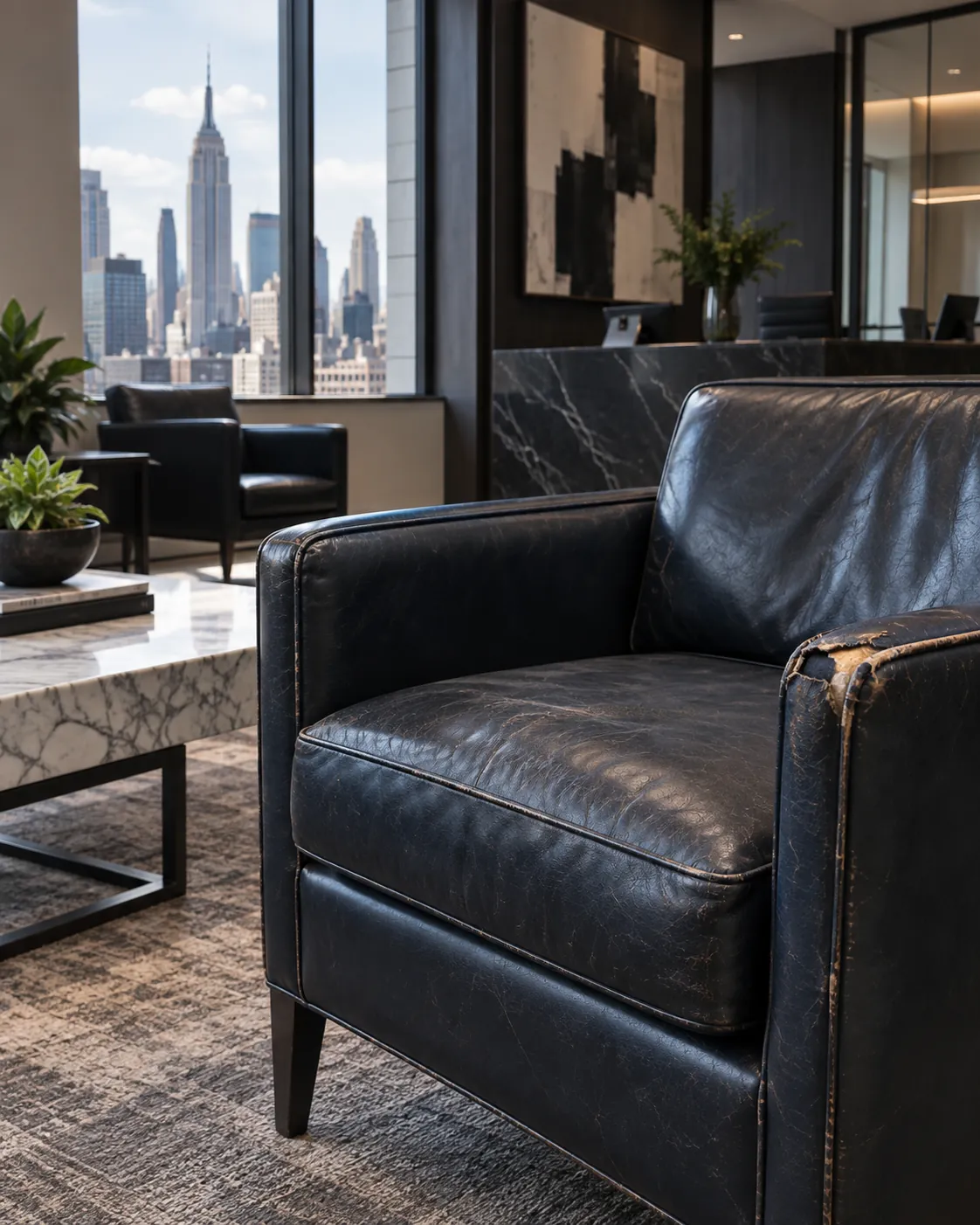 A black leather lounge chair in an office lounge