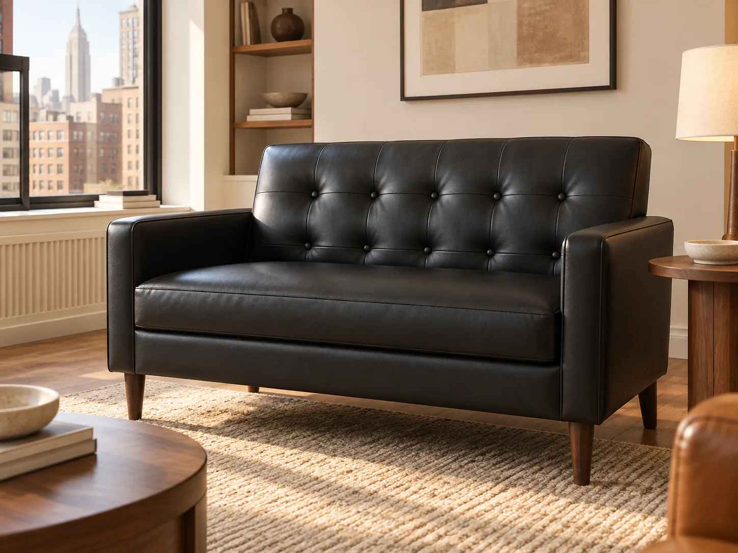 A black tufted leather loveseat by a window