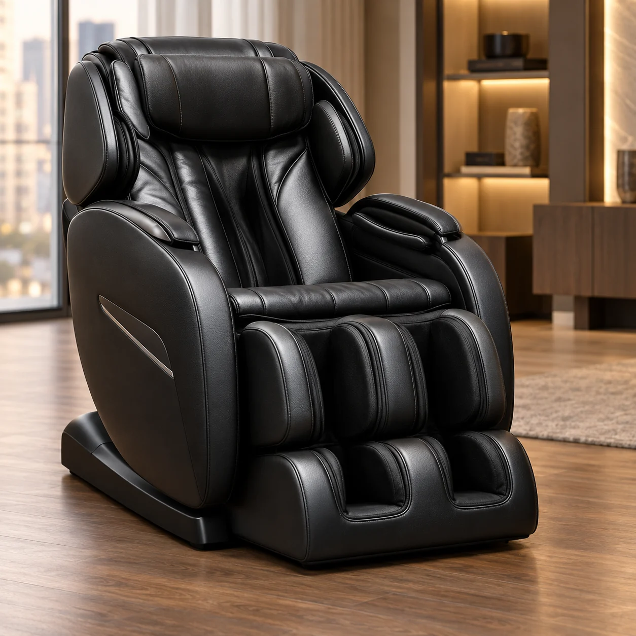 A black leather massage chair beside a window in a modern living room