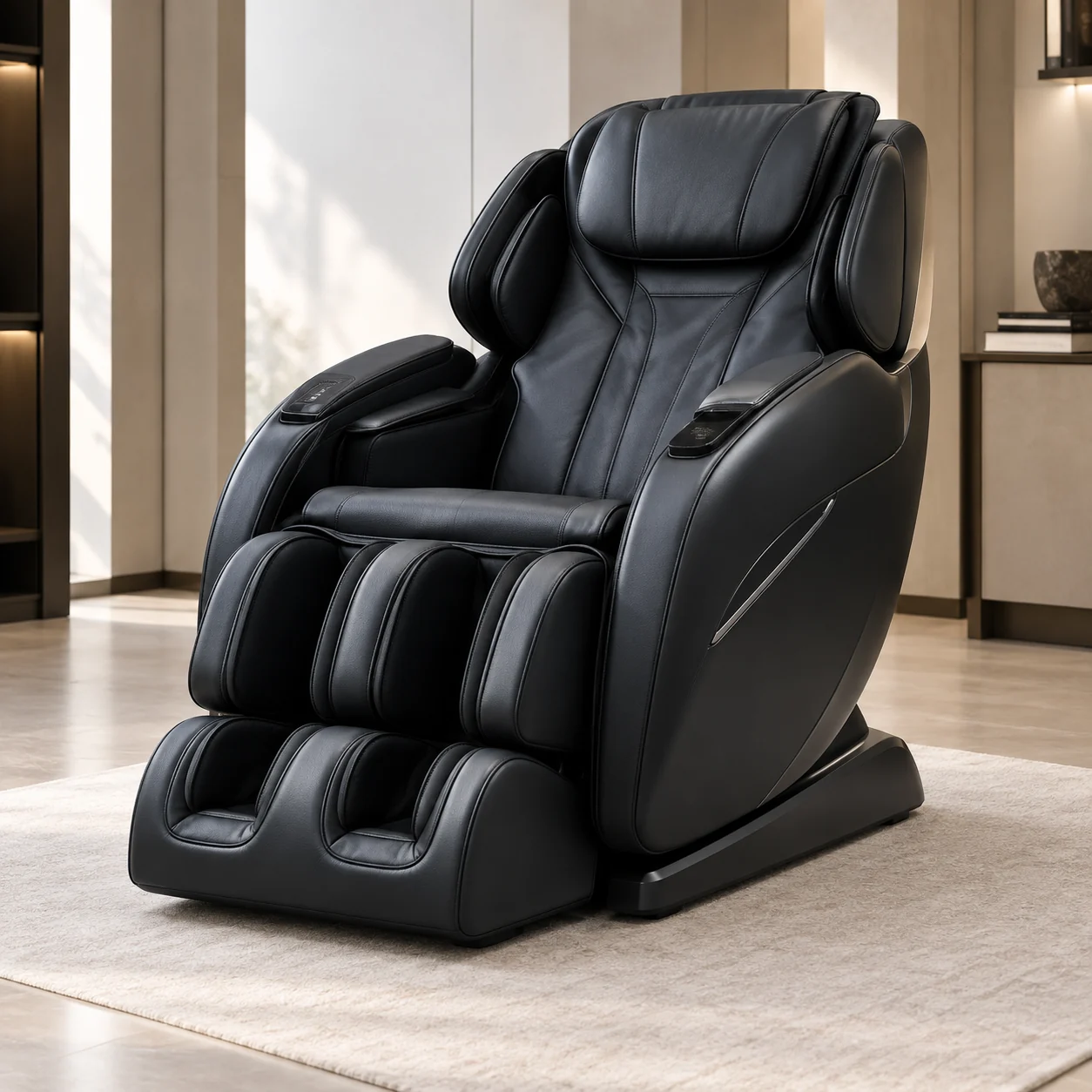 A black leather massage chair in a bright room with pale walls