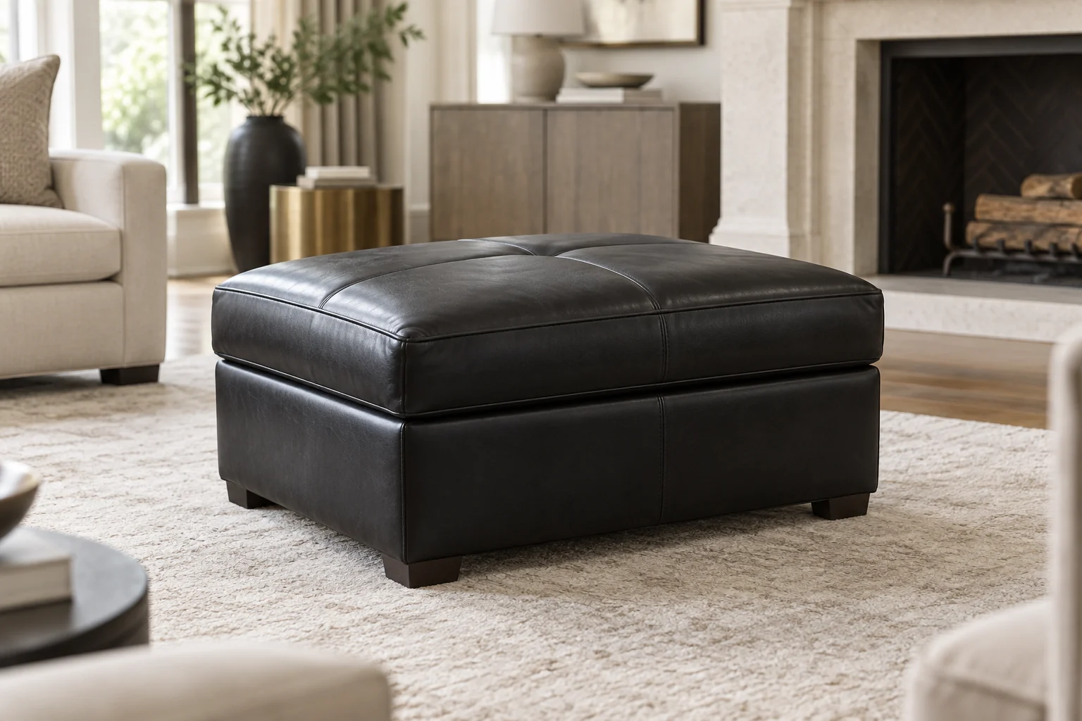 A low black leather rectangular ottoman in a pale living room