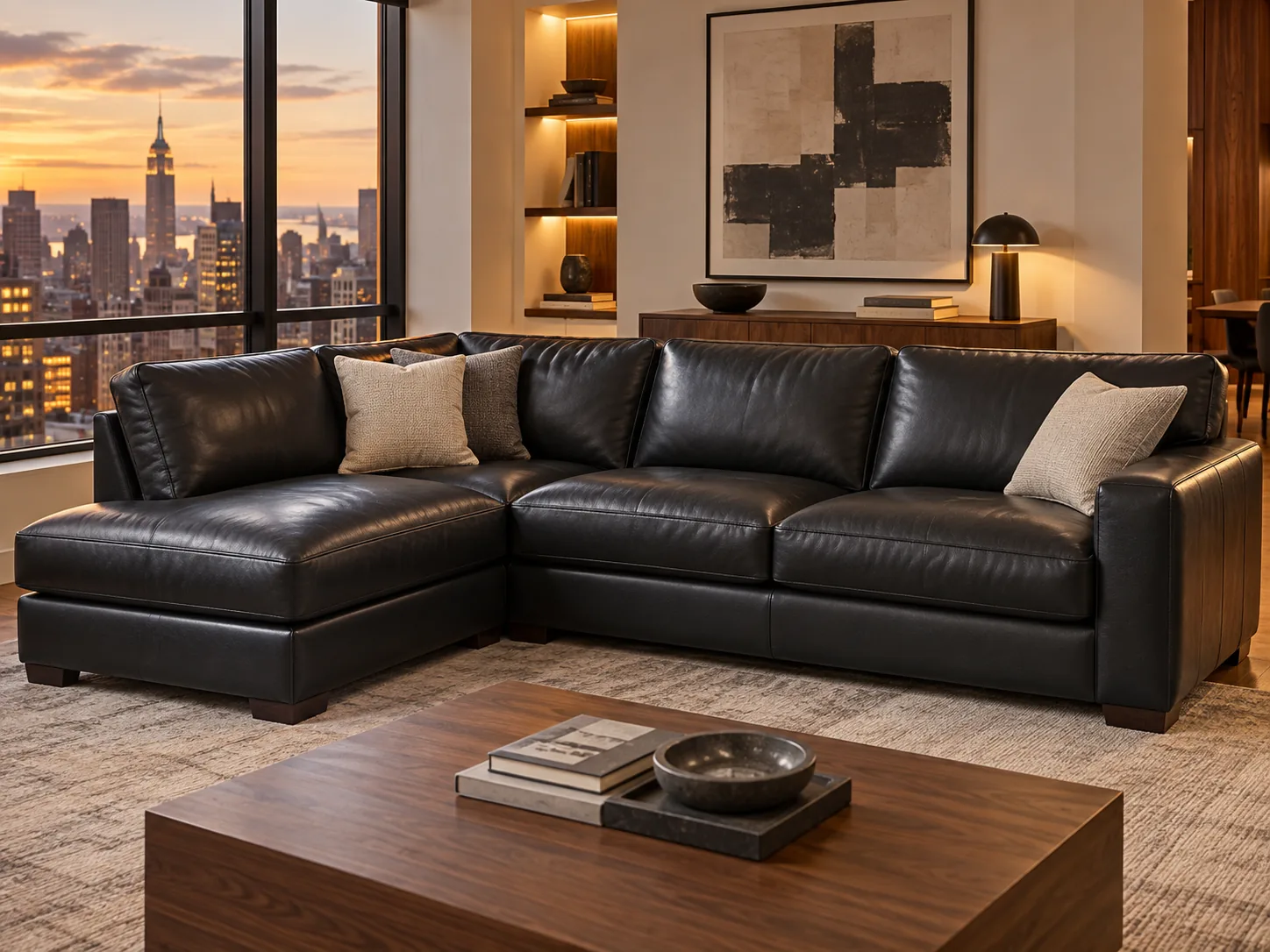 A black leather sectional in a living room at dusk