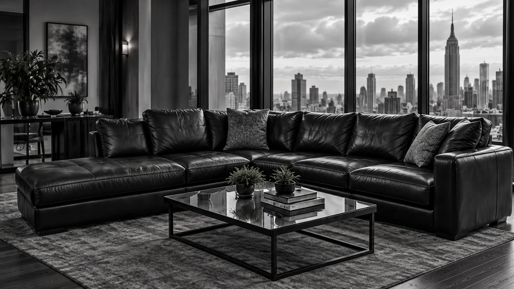 Black leather sectional in an open-plan apartment facing the skyline