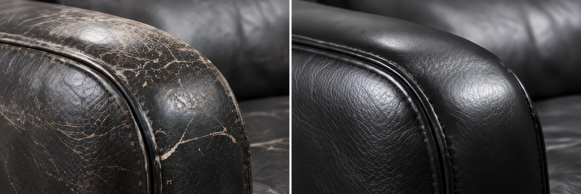Cracked black leather arm before and after