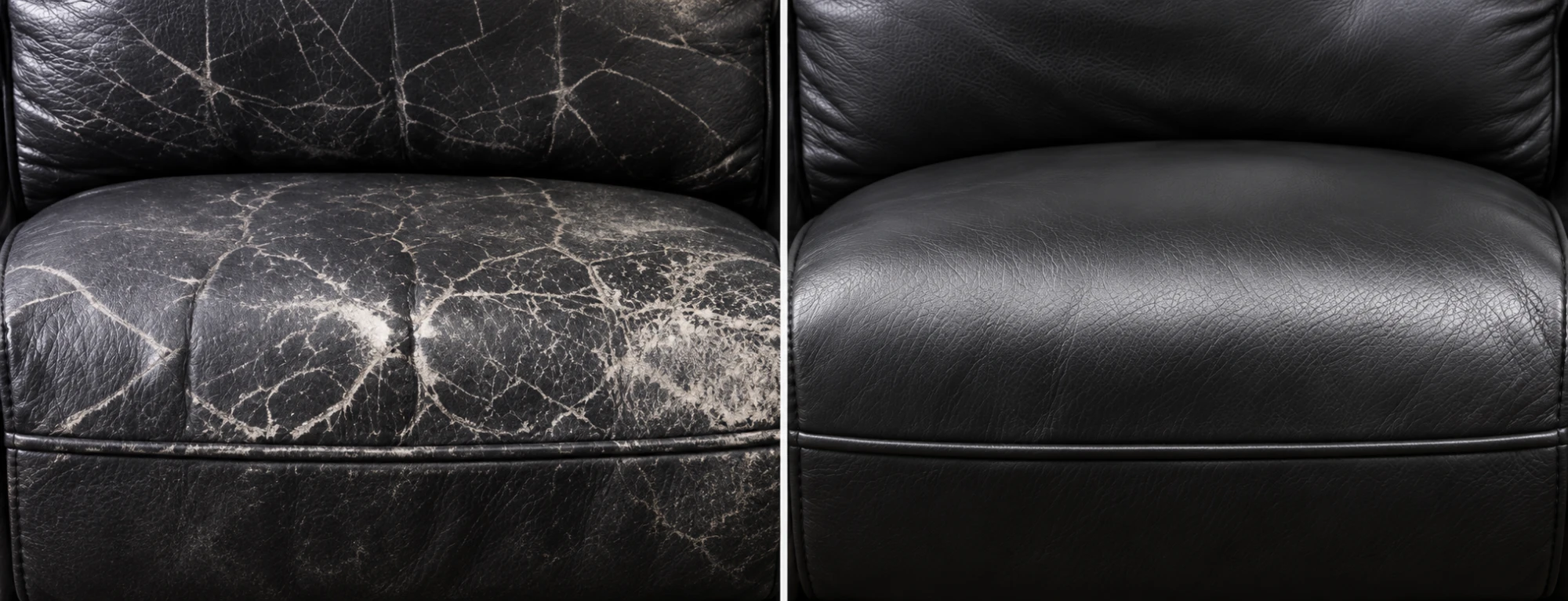 Black sofa seat cracks before and after