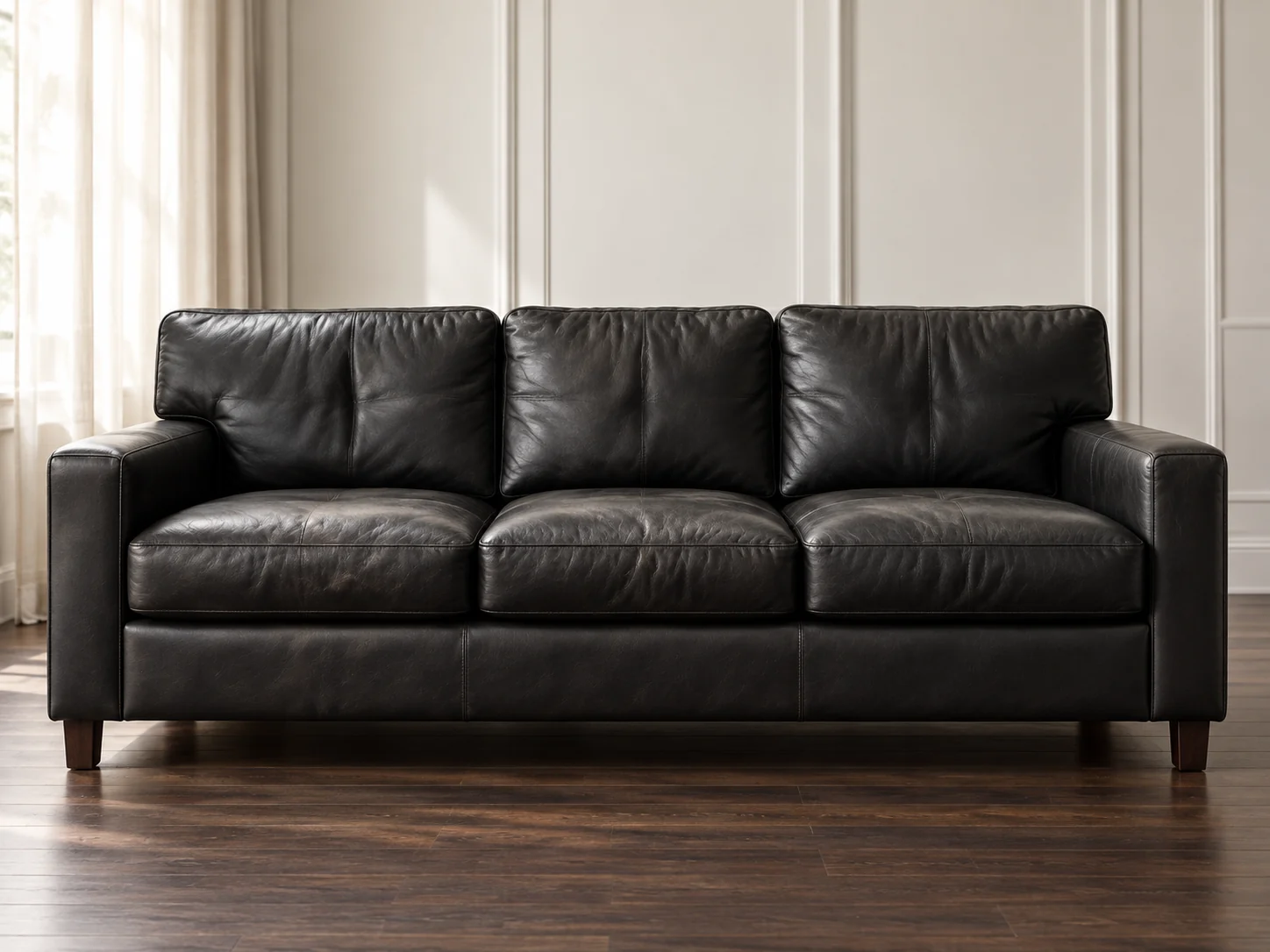 Black three-seat leather sofa in a paneled room