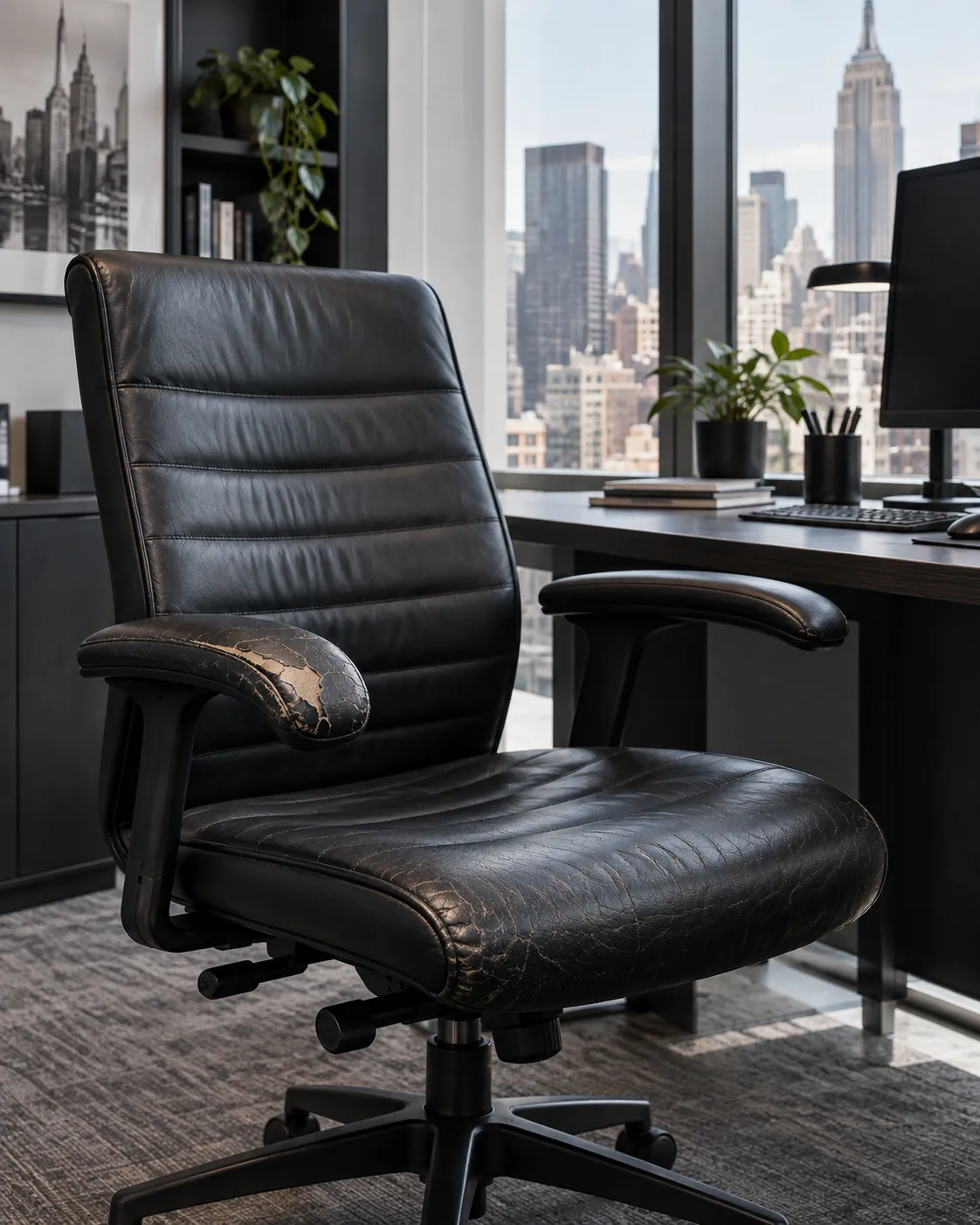 A black leather task chair at an office desk
