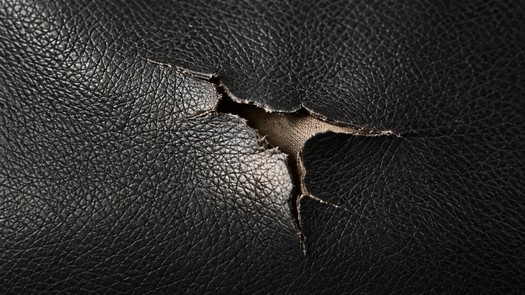 Torn black leather showing the backing