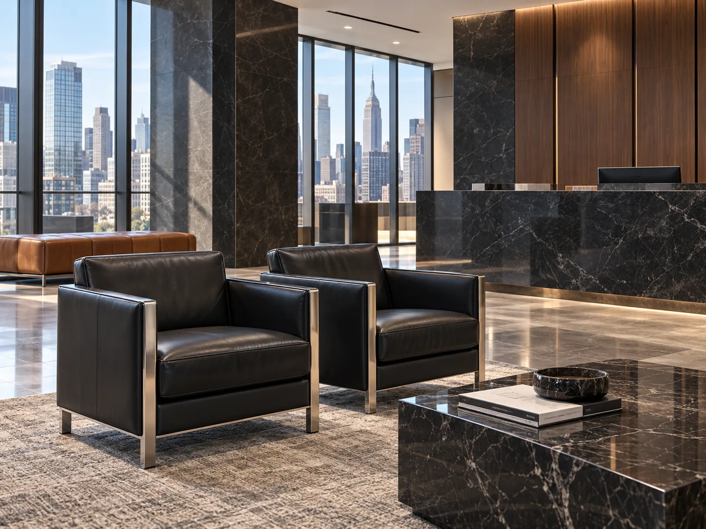 Black leather lounge chairs in an office reception