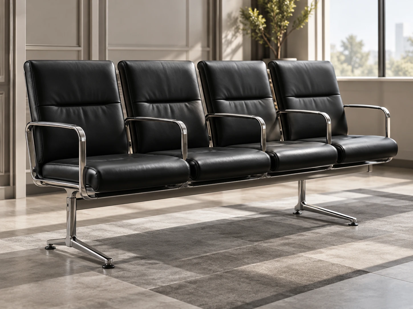 Black leather beam seating in a healthcare waiting room