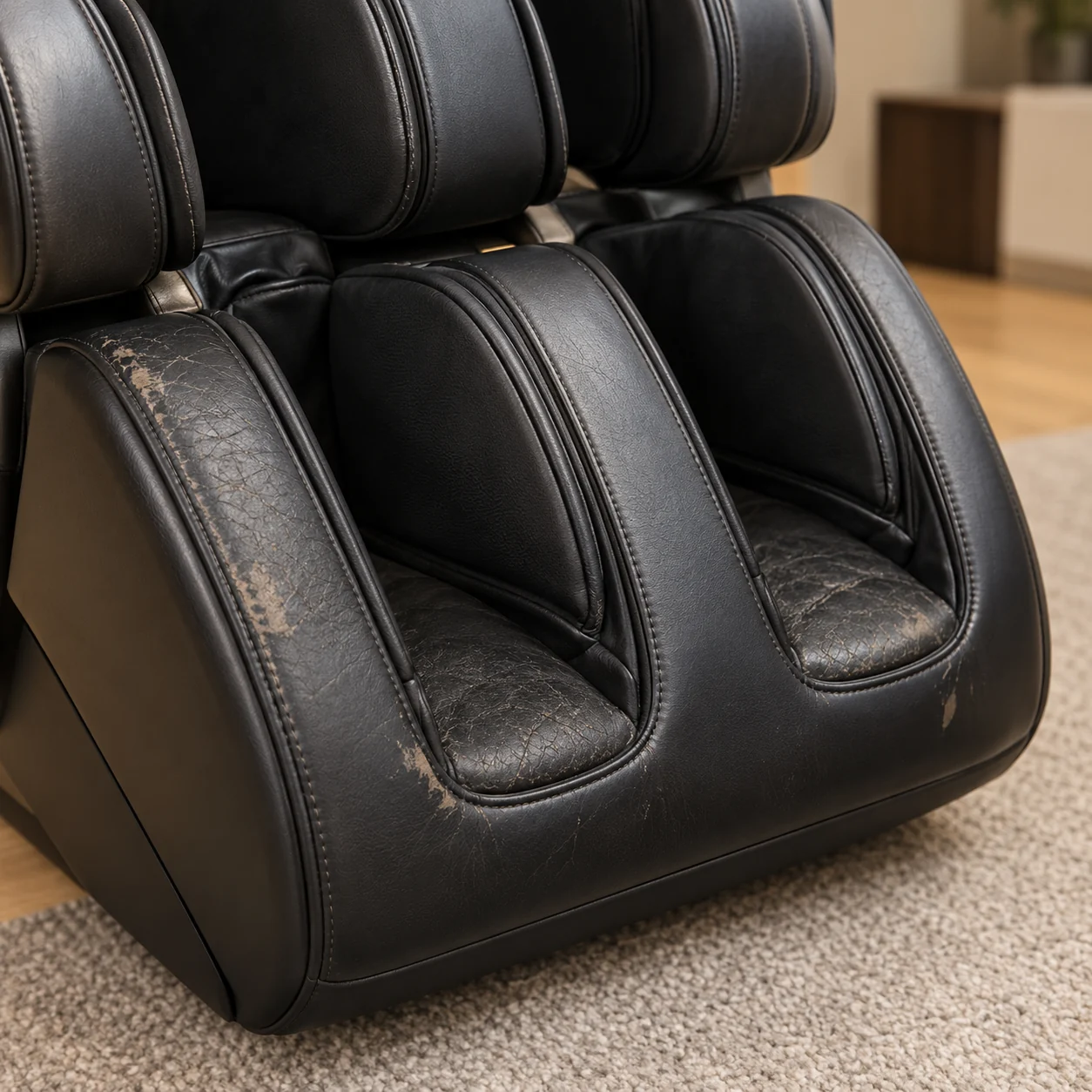 Cracked and abraded black leather in the calf wells and foot pads of a massage chair