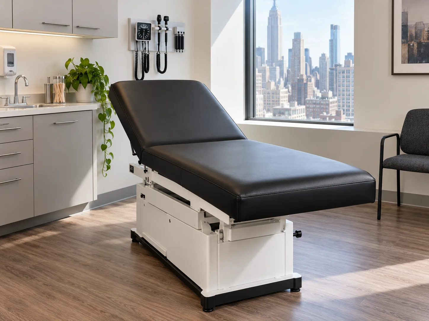 A black power exam table with recovered pads beside a window