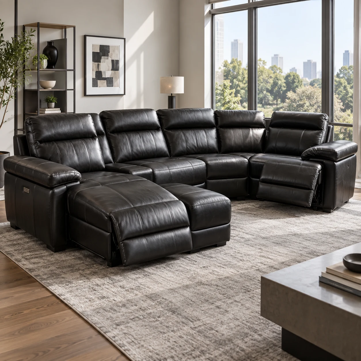 Black reclining leather sectional by tall windows