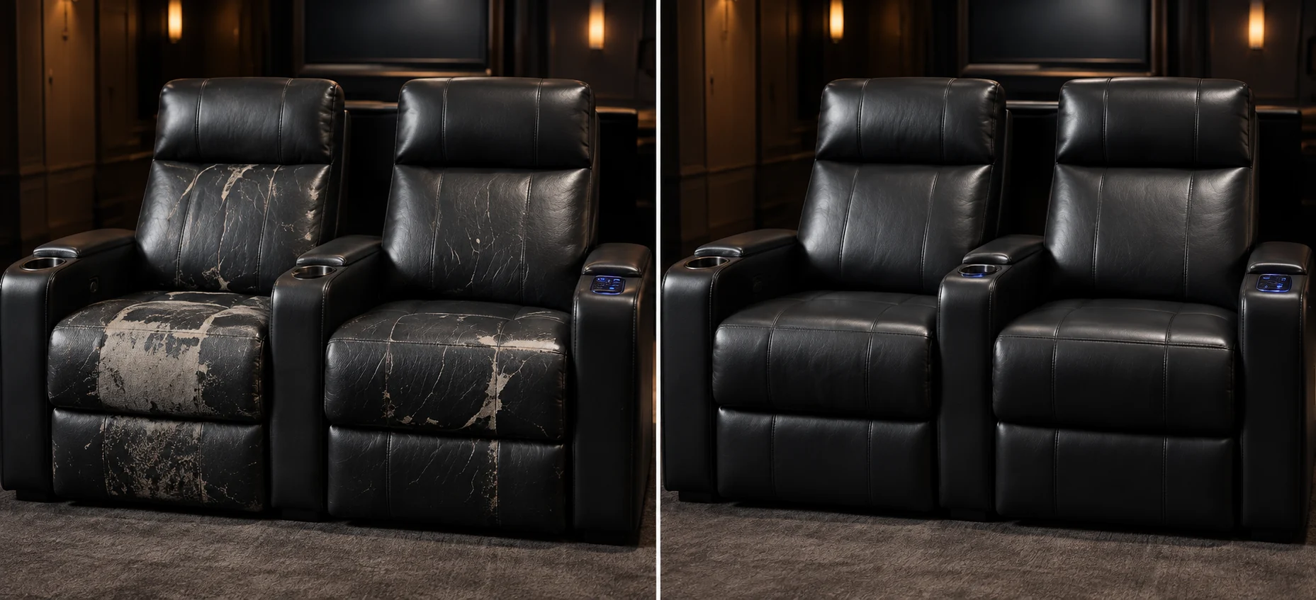 Black home theater seats before and after repair: a grey abraded seat and torn cushion on the left, an even black finish on the right
