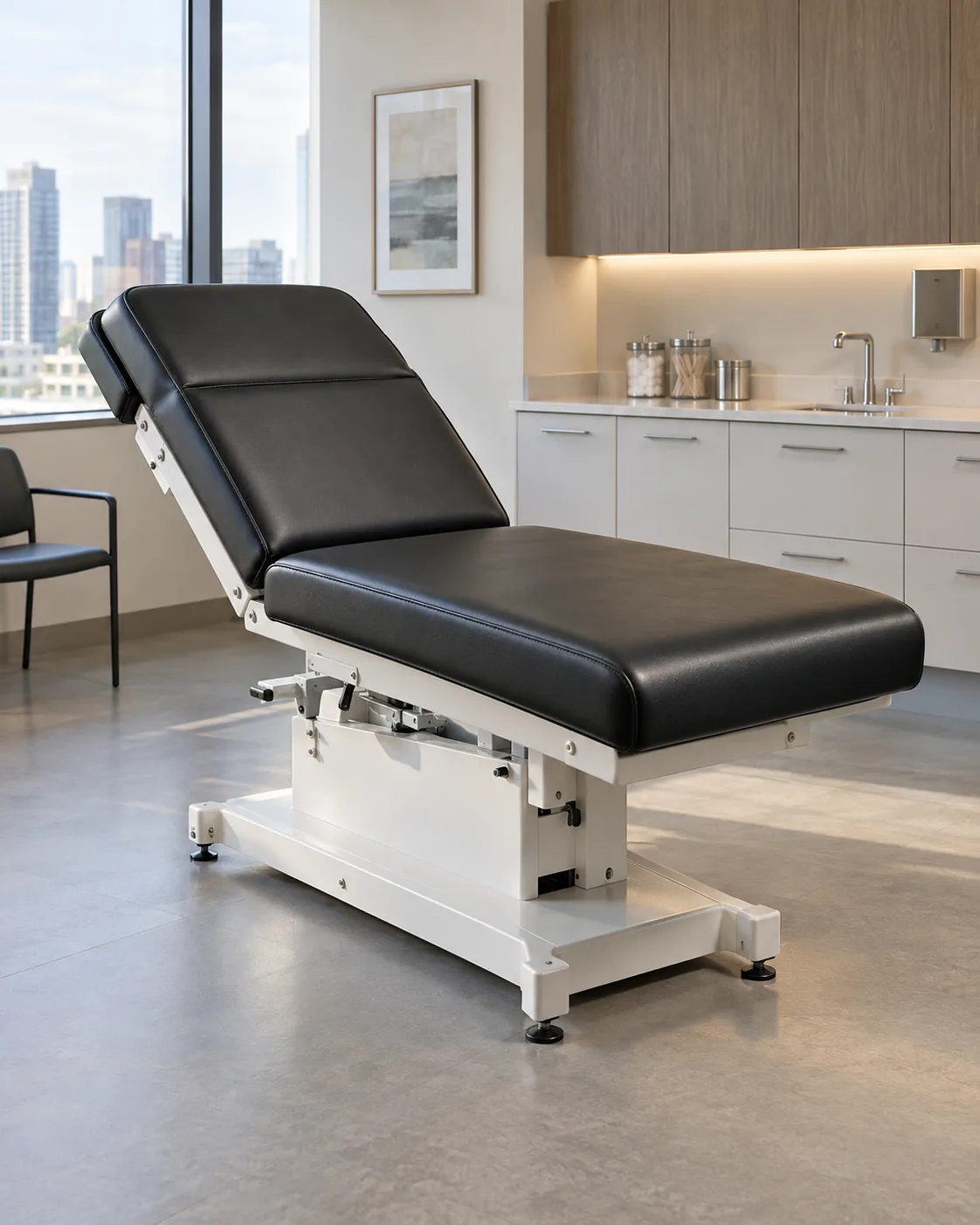 A black three-section procedure table with its back raised
