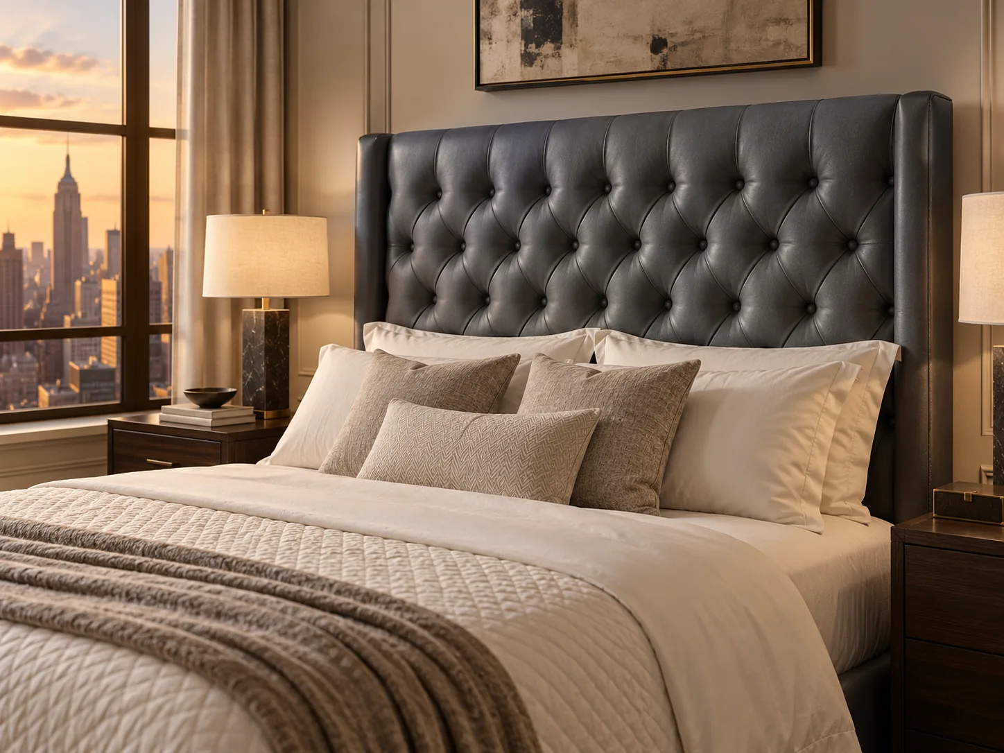 A black tufted leather headboard in a bedroom