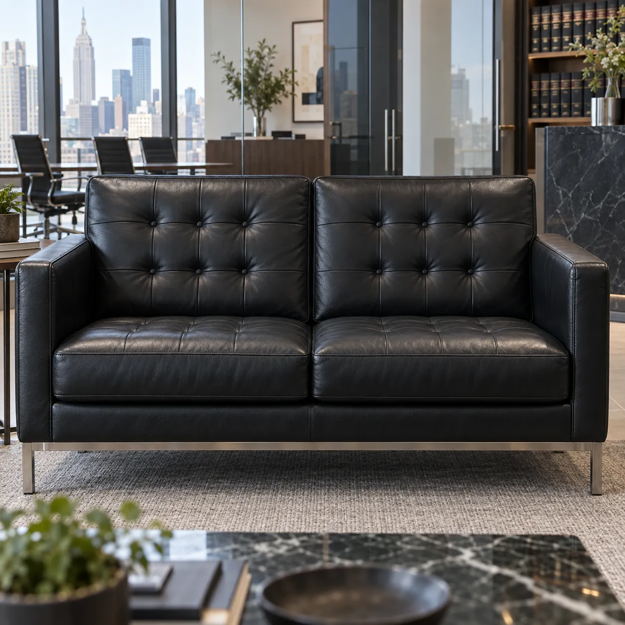 The same black tufted sofa repaired