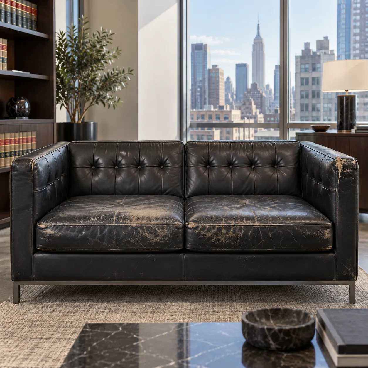Worn black tufted leather sofa