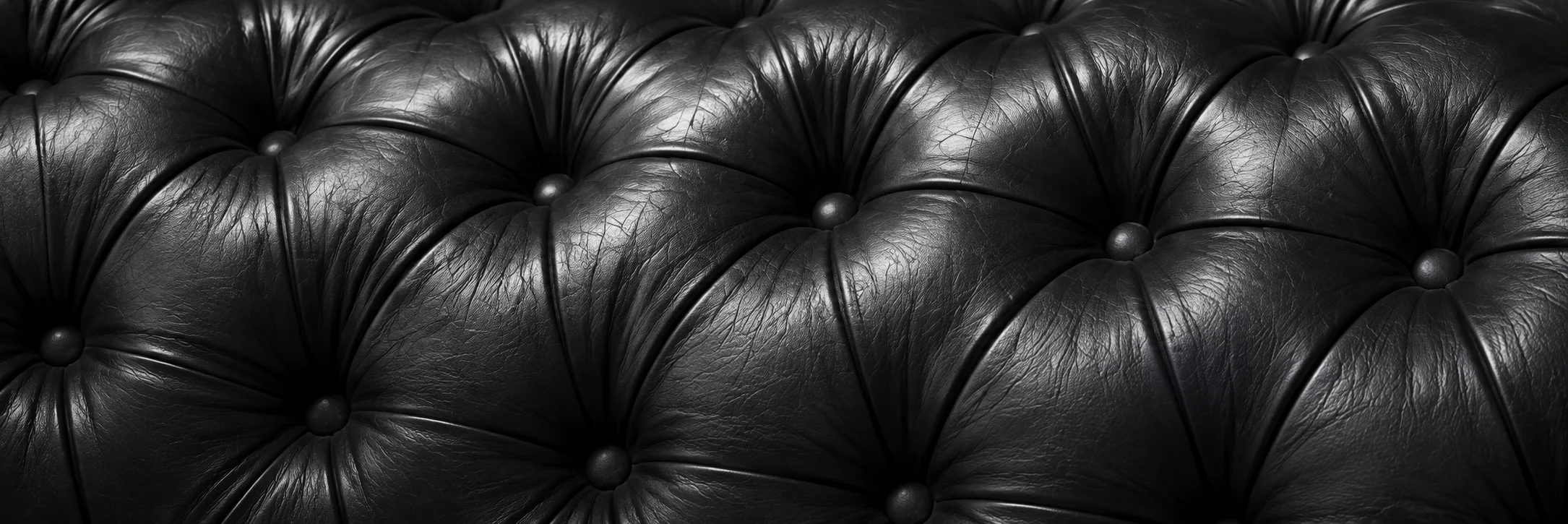 Close view of black button-tufted leather, the surface a repair has to match