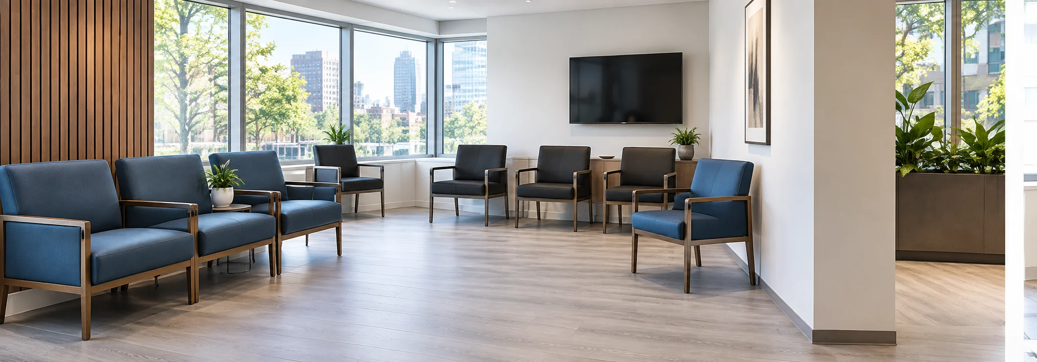 Blue guest chairs with wood arms lining a corporate waiting room with city windows