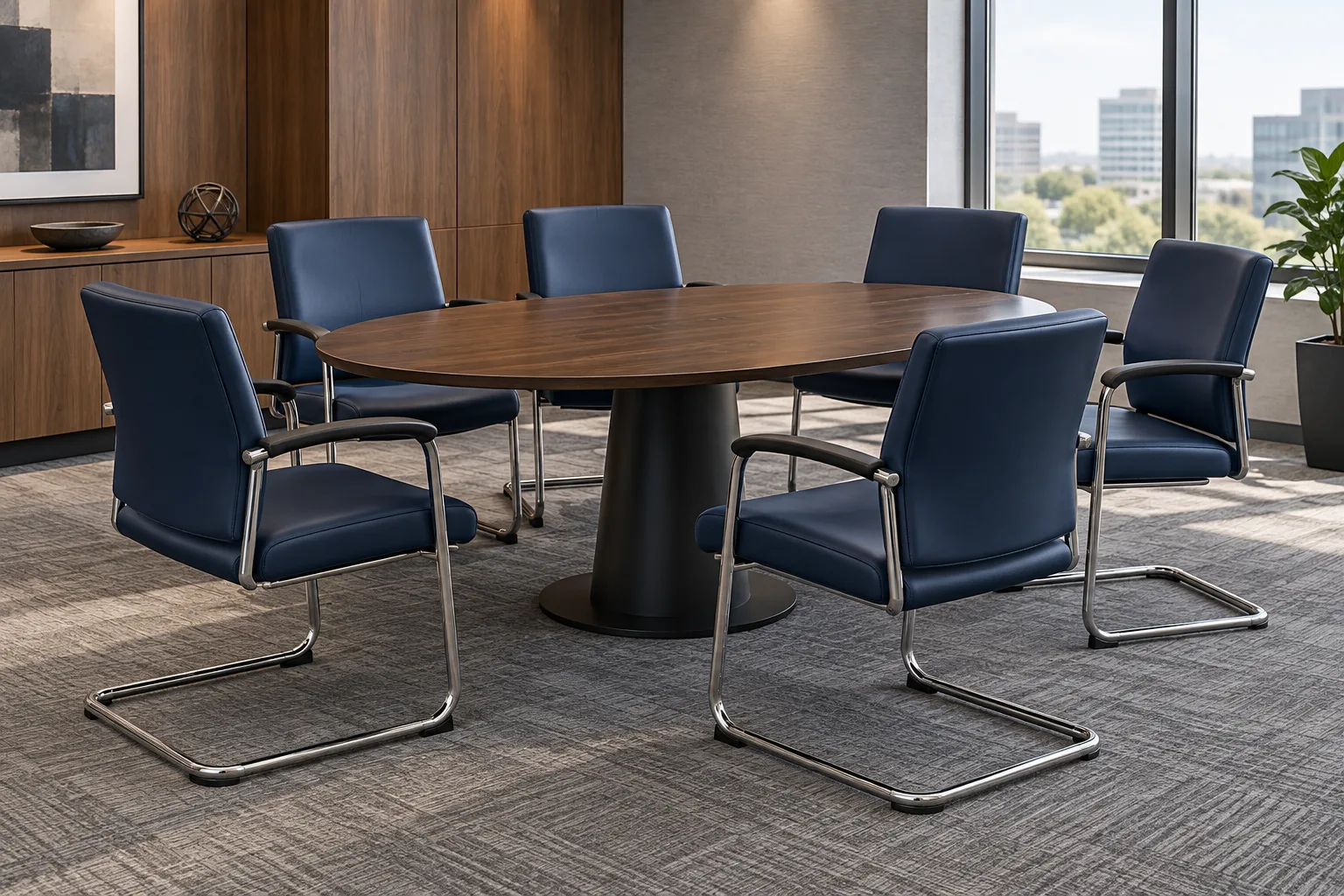 Blue leather guest chairs around a round meeting table