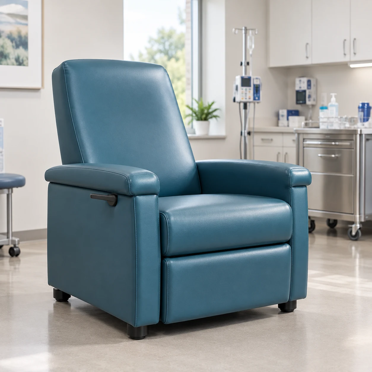 Medical recliner recovered in blue vinyl