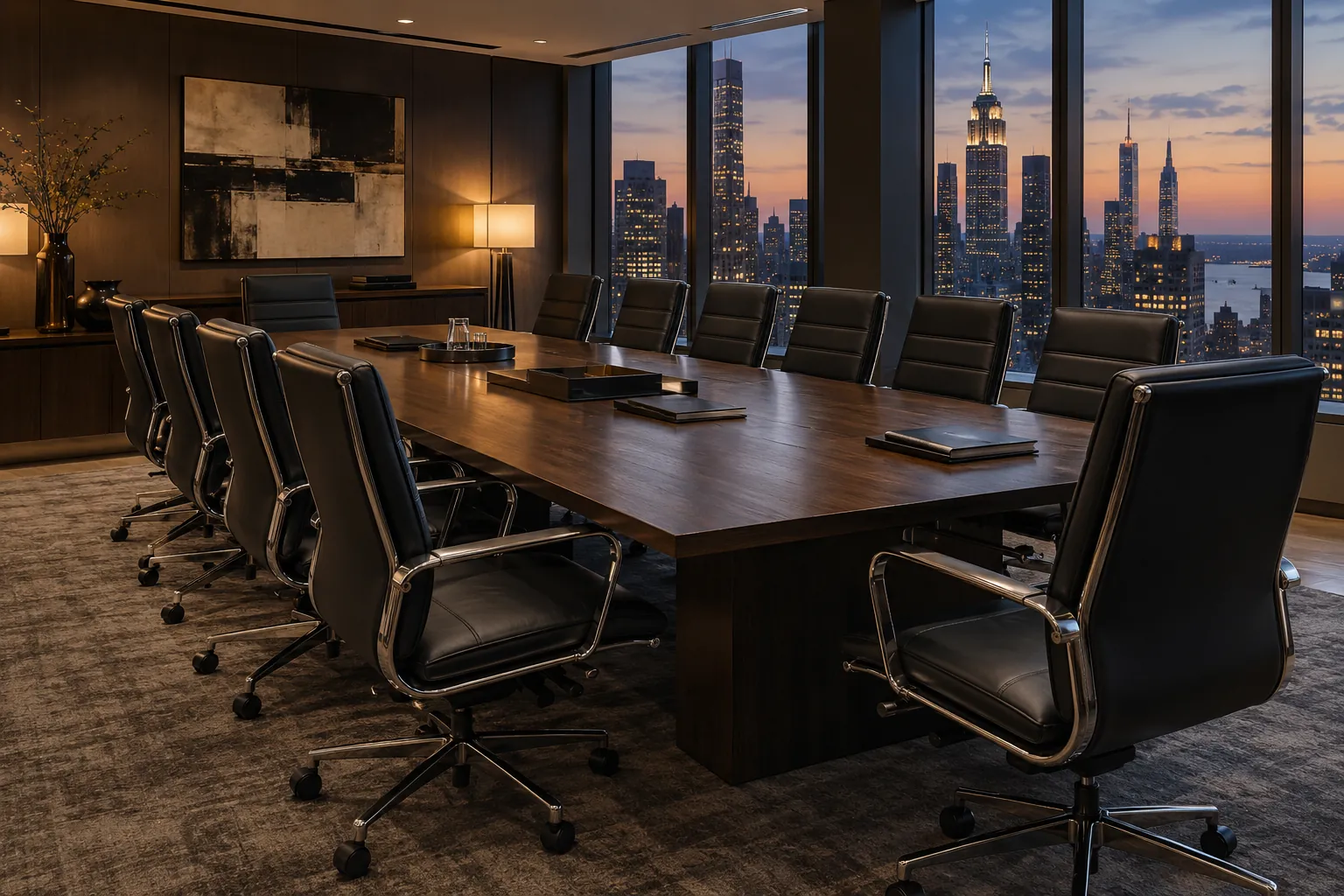 A boardroom of black leather chairs at dusk with the Manhattan skyline