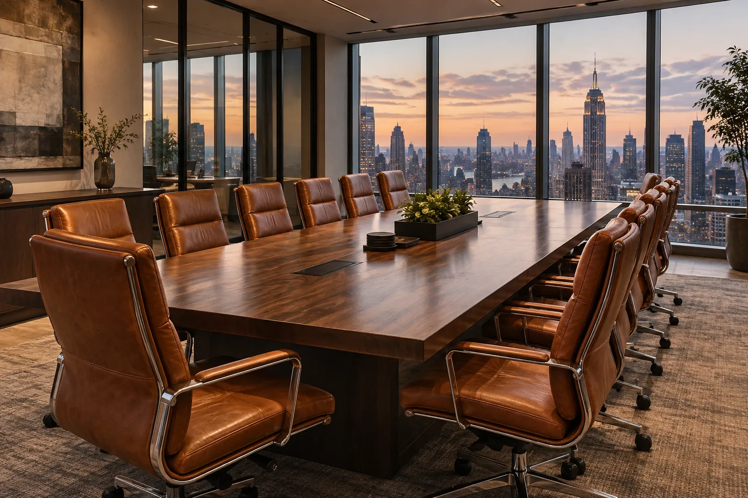 Cognac leather boardroom chairs with a skyline view