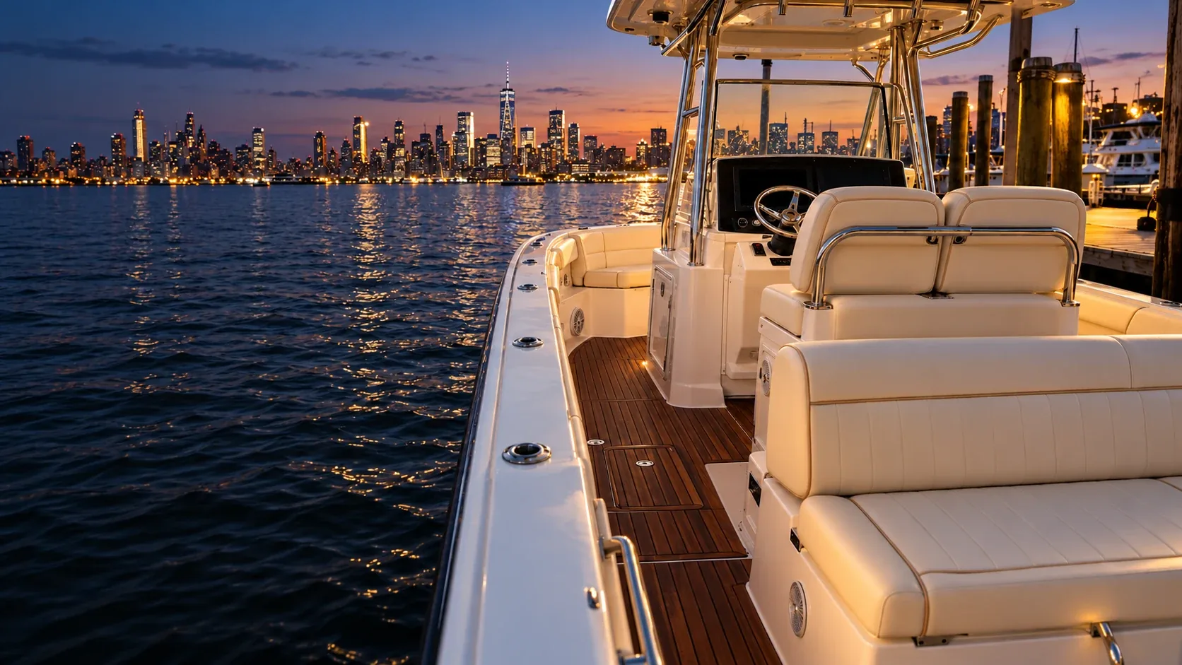 A boat at the dock in the evening with newly upholstered seating
