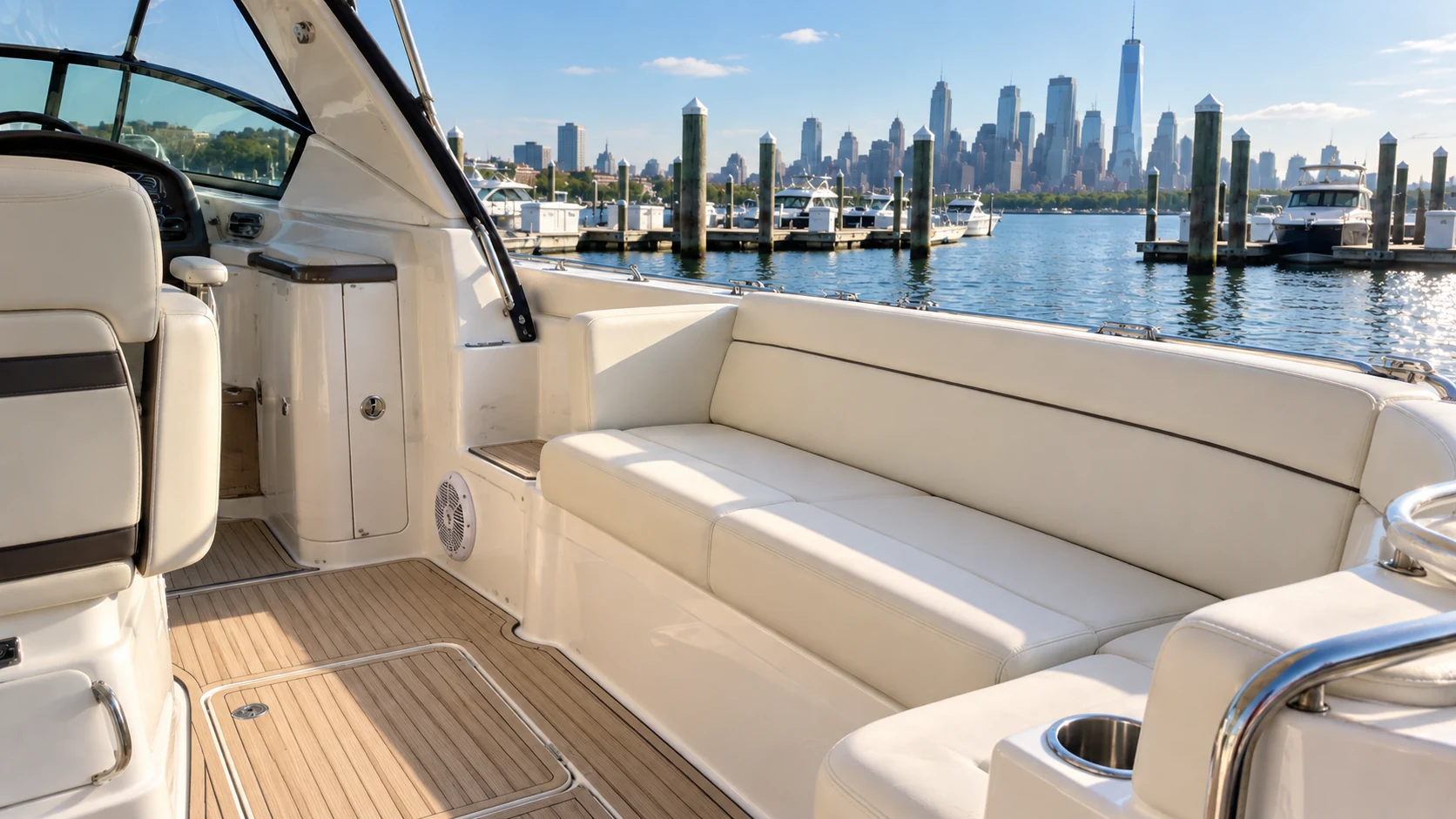 A boat cockpit at a marina with finished recovered cushions