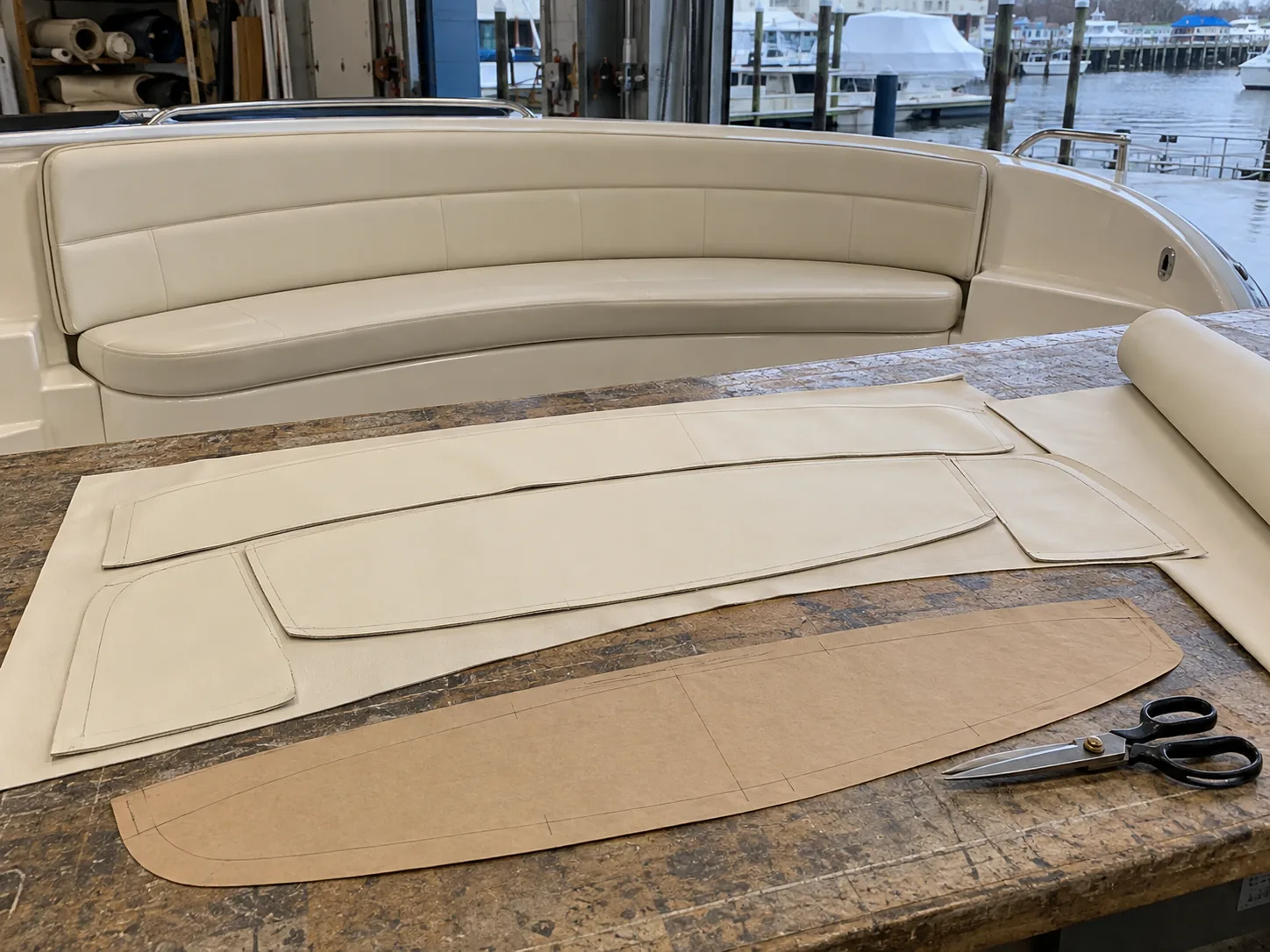 New cream marine vinyl cut from the old cover pieces