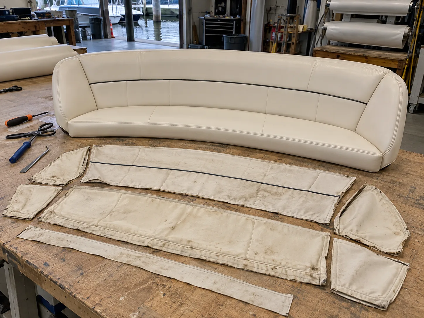 The old cover cut away from a boat cushion and kept flat