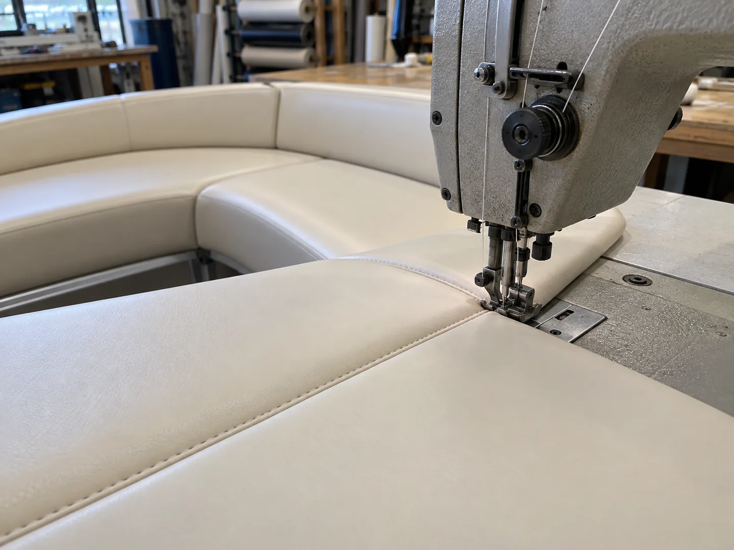 Boat cushion panels sewn with UV-stable thread on a machine