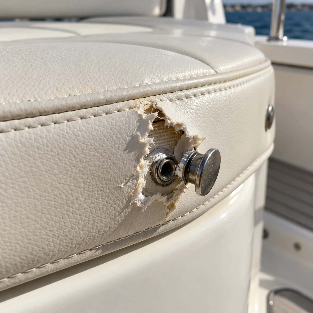 A snap fastener torn out of a boat cushion cover