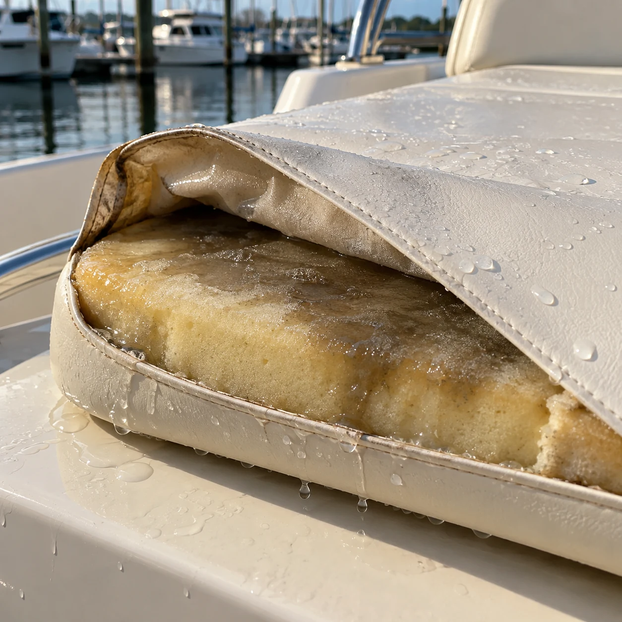 Waterlogged foam exposed at the corner of a boat cushion
