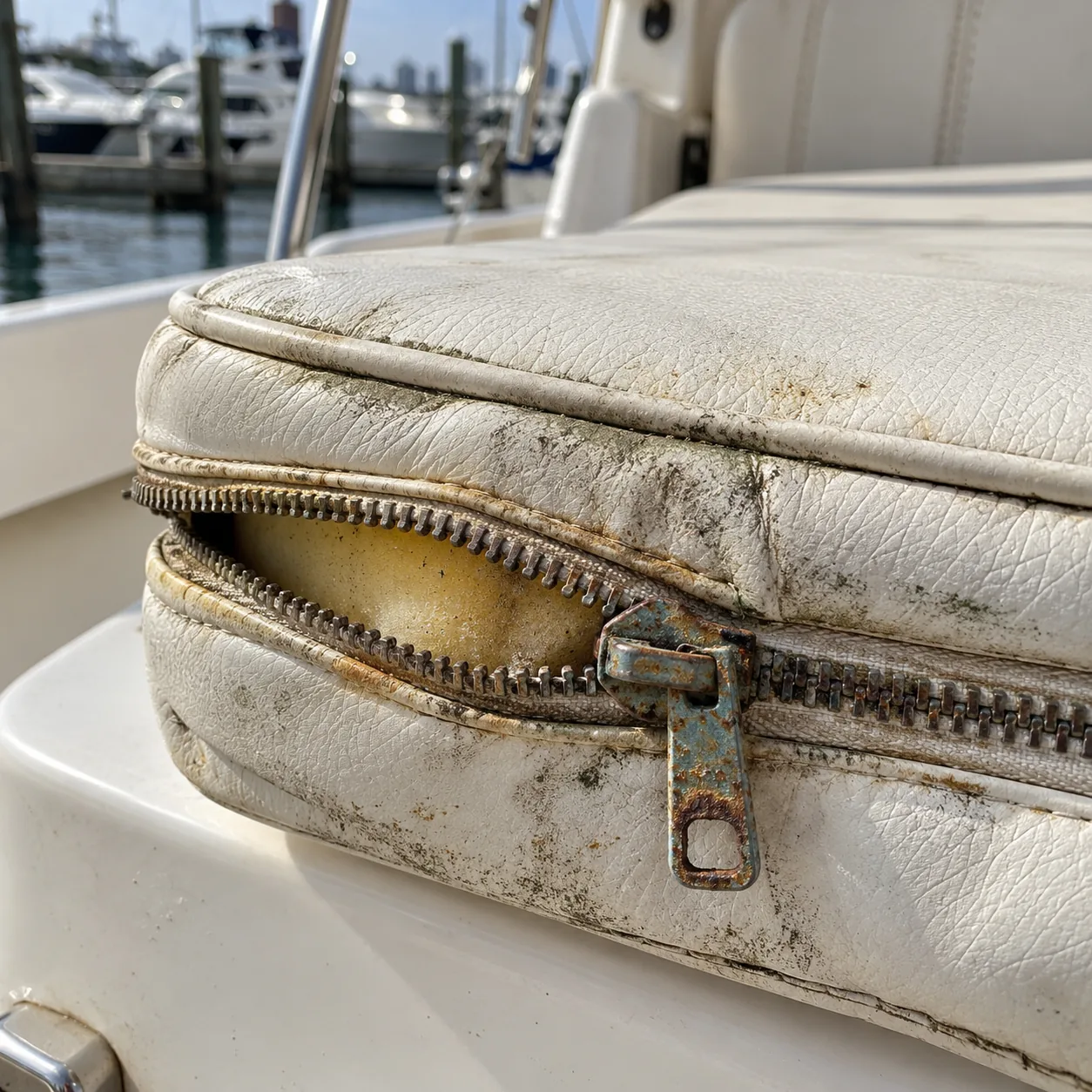 A corroded cushion zipper seized half open