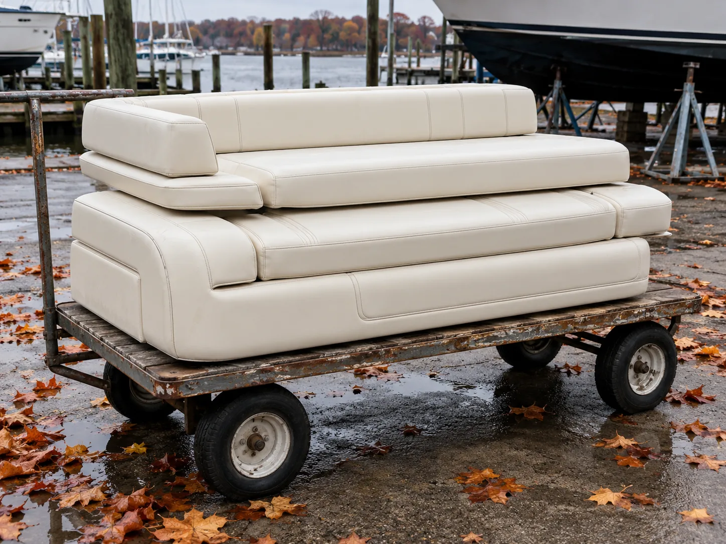 Boat cushions removed and stacked on a cart in the yard