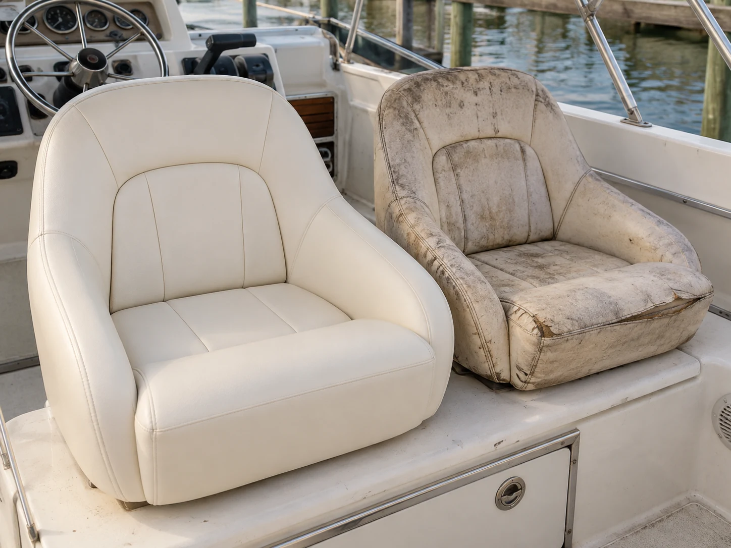 A boat seat fully recovered beside its old cover