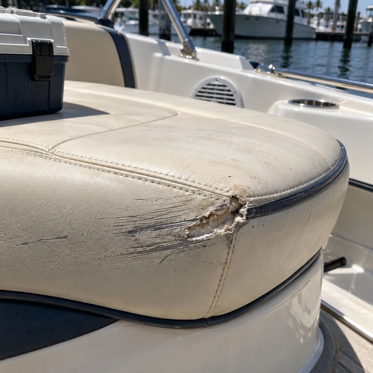 A deep gouge on the edge of a boat seat