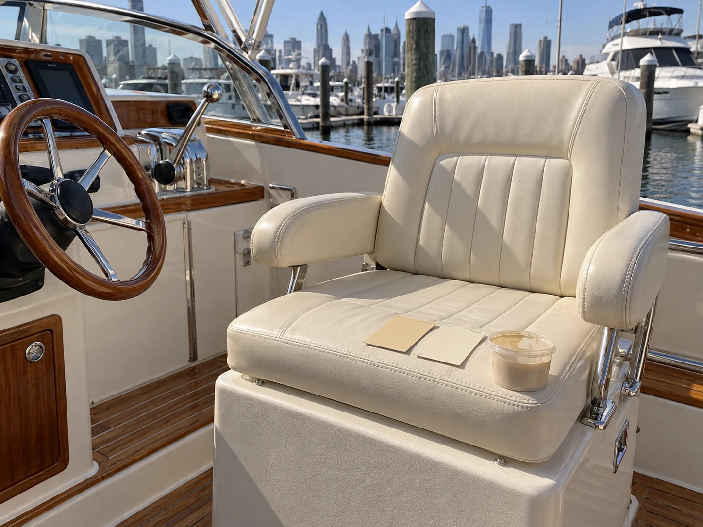 Color mixed in cups against a boat seat with test cards drying