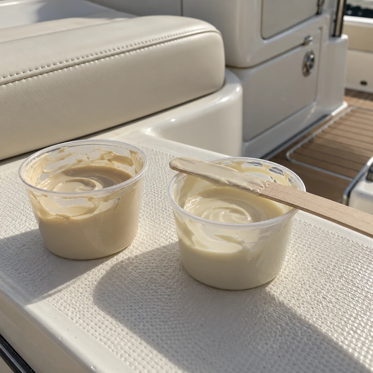 Macro of cream color being mixed in small cups
