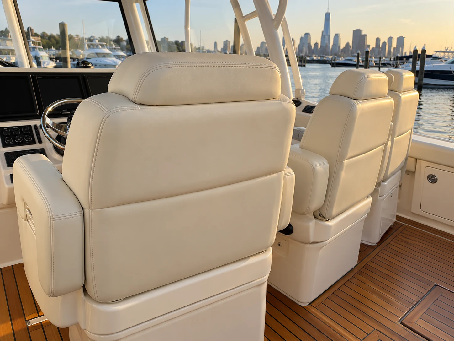 A repaired boat seat back in the row, matching the seats either side