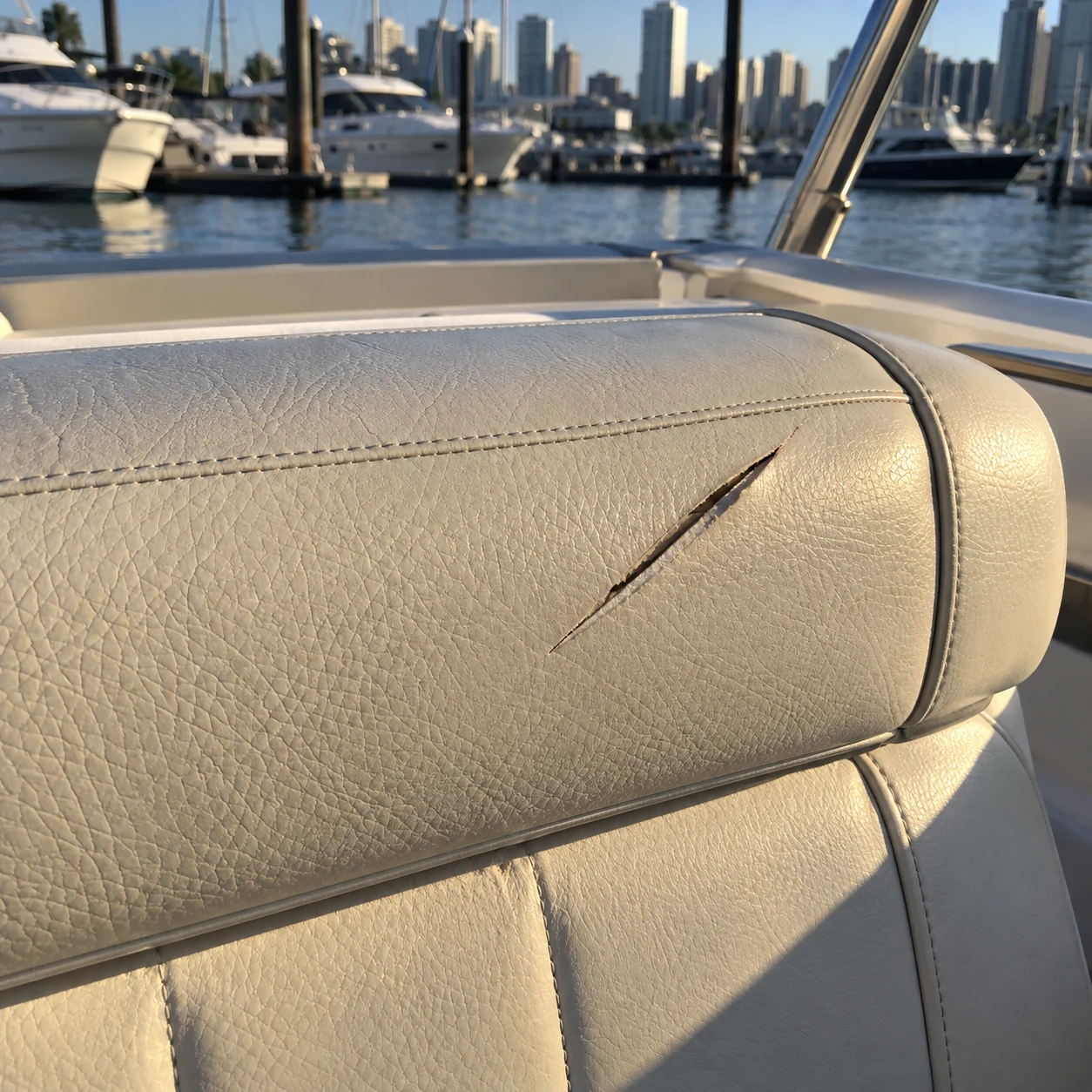 A clean slash across a boat seat bolster