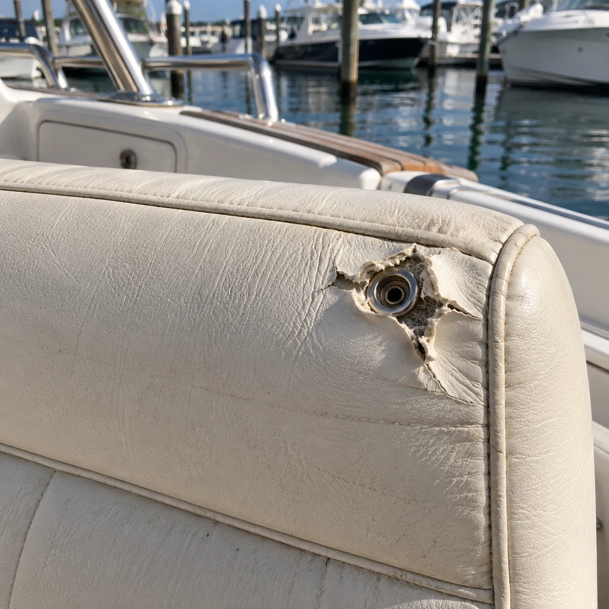 A snap pulled through the vinyl of a boat seat back