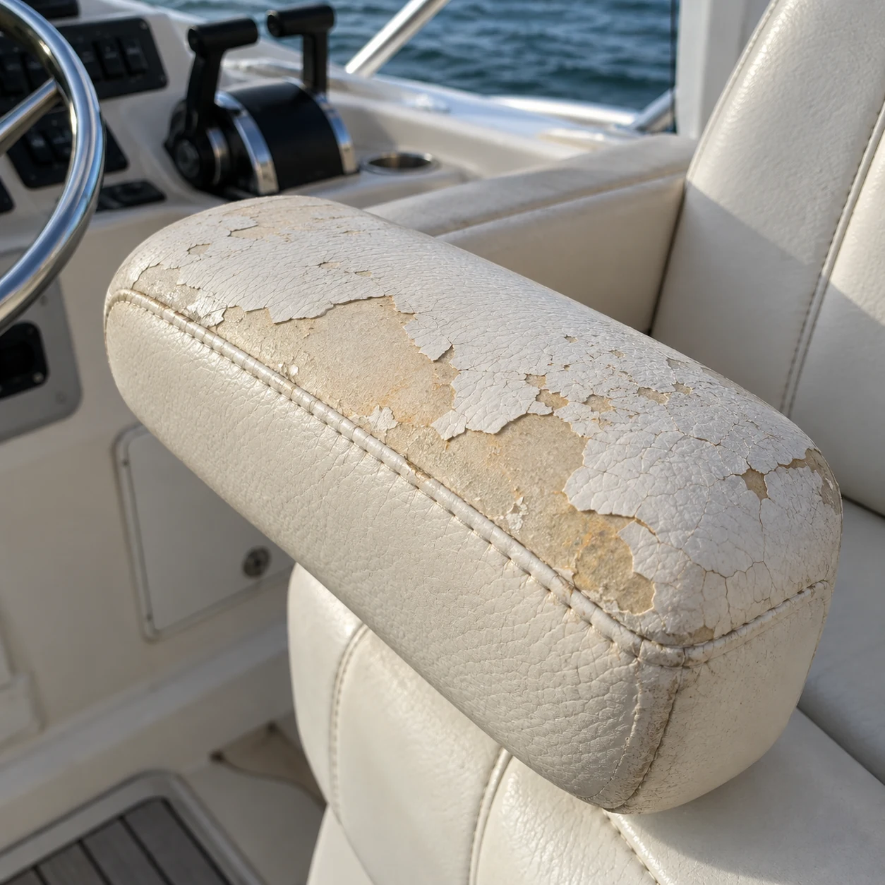 Top coat flaking off a boat seat armrest