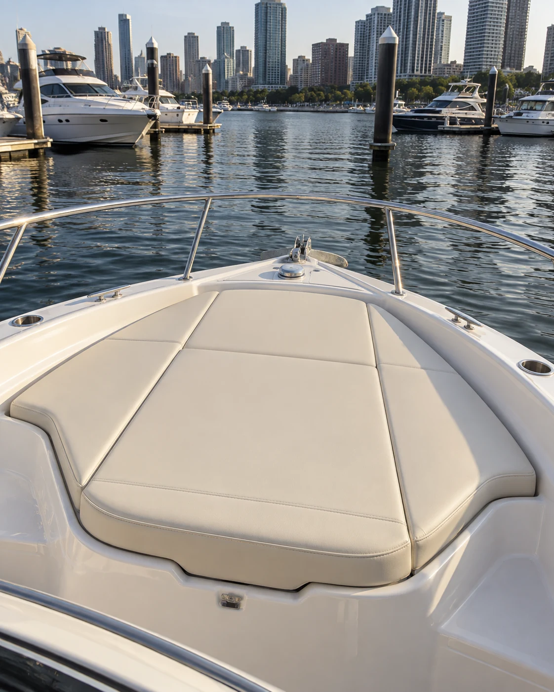 A sun pad over the bow locker of a boat