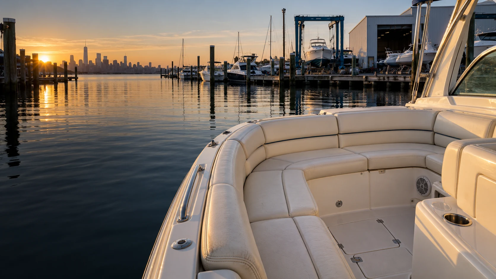Marine upholstery NYC: a boat cockpit with new cream vinyl bench and helm seating at a marina